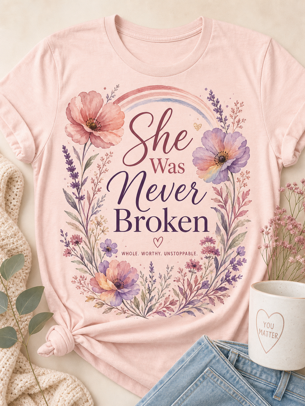 She Was Never Broken – Pink Soft Boutique Tee